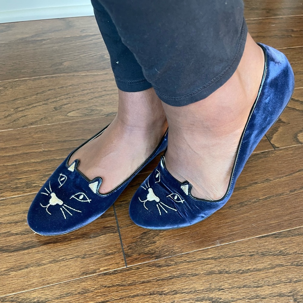 Charlotte Olympia Navy Velvet Cat Loafers